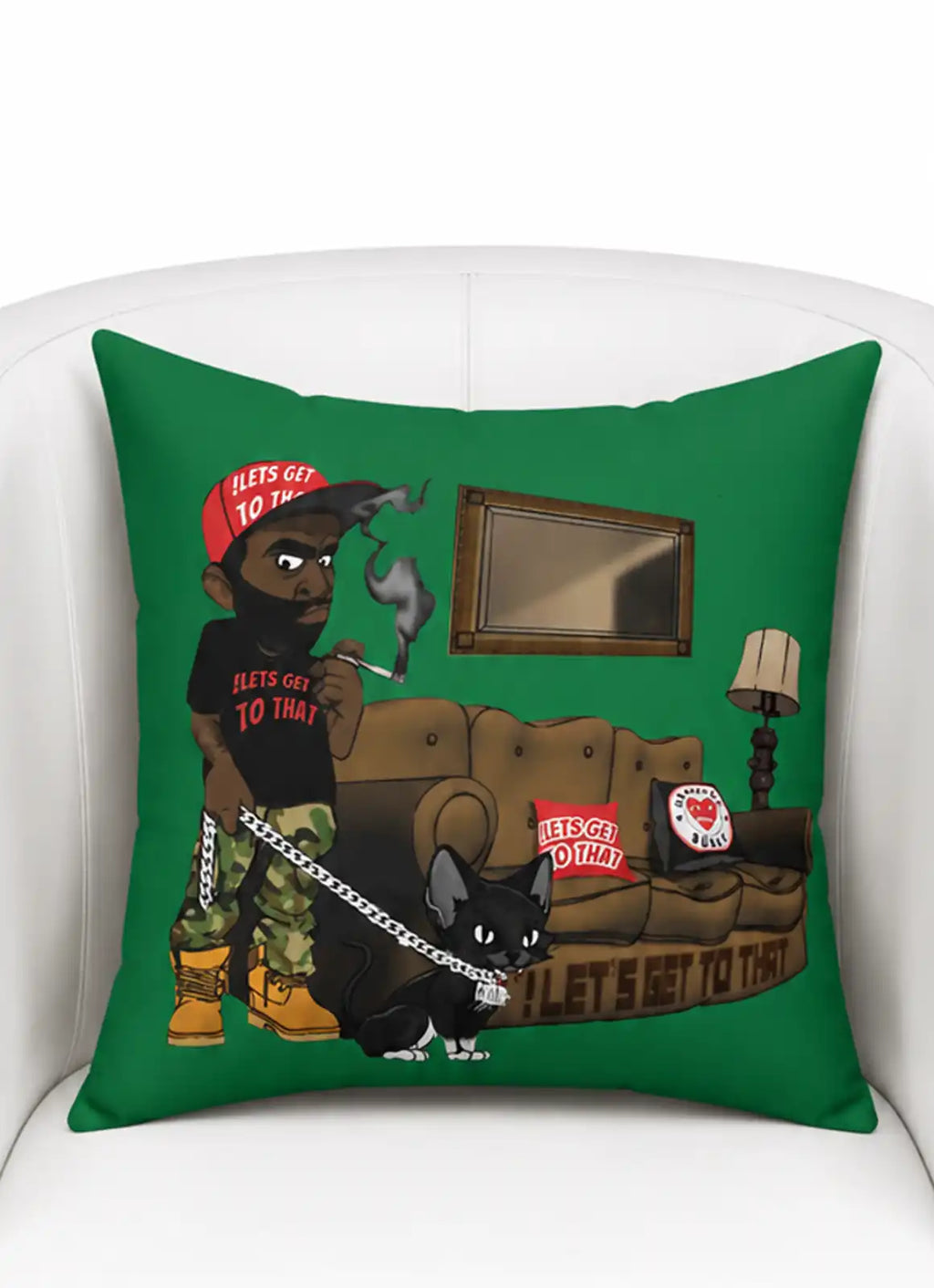 “Let’s Get To That” – Graphic Cushion Green